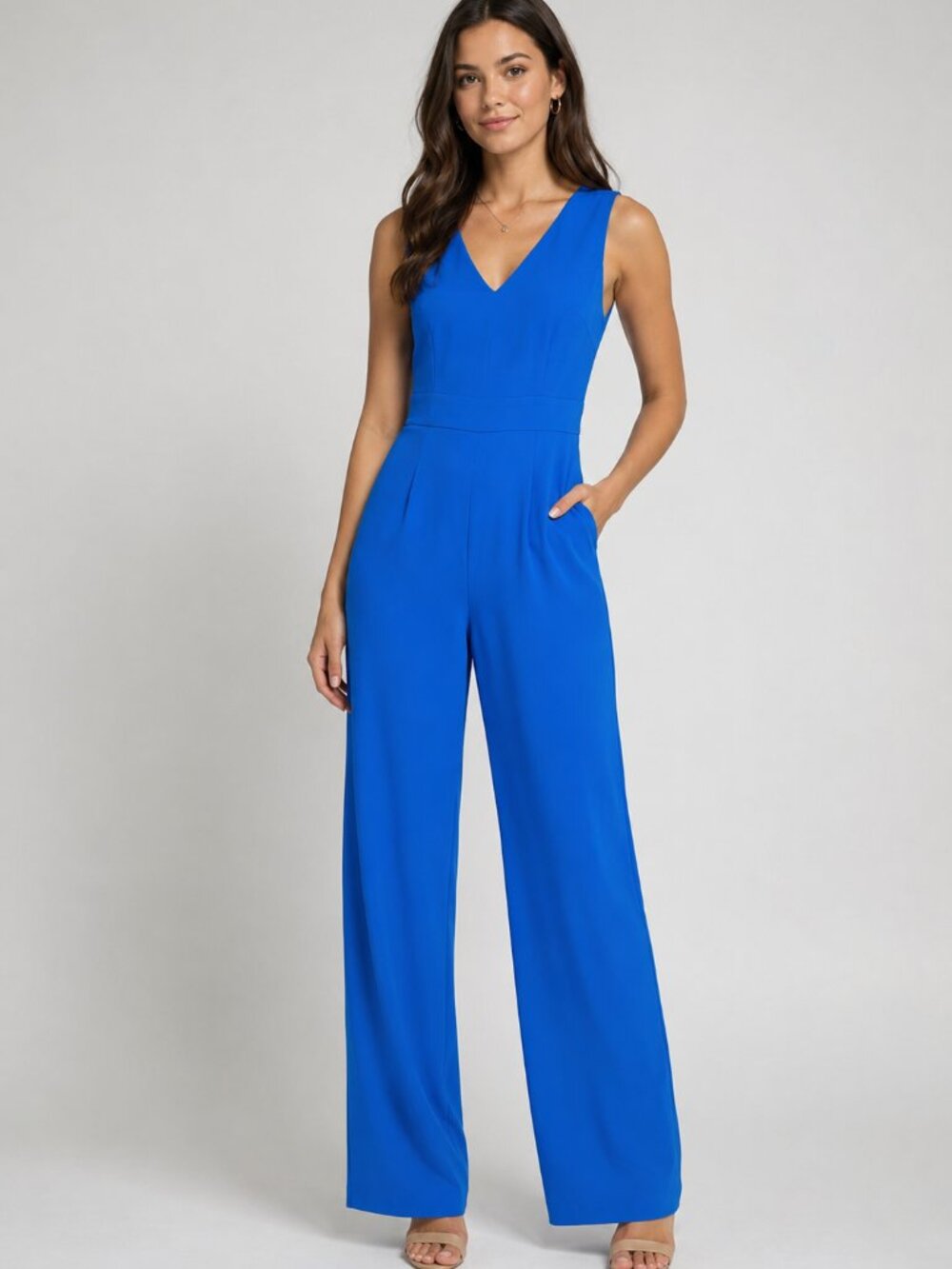 Wide Leg Jumpsuit Sleeveless Cross-back V-Neck Cobalt Blue Size XS